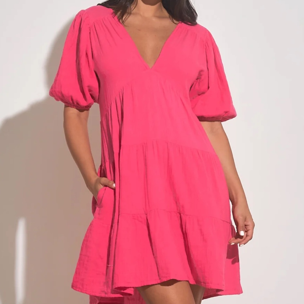 NWT ELAN Sexy Deep V Neck Puff Sleeve Ruffle Dress - Picture 1 of 8